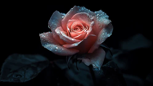 Luminous Rose Blooms with Crystalline Raindrops Against Darkness
