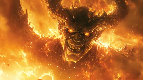 Fiery horned demon rising from molten chaos and light.