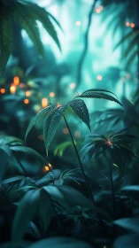Lush teal jungle foliage with small glowing light orbs.