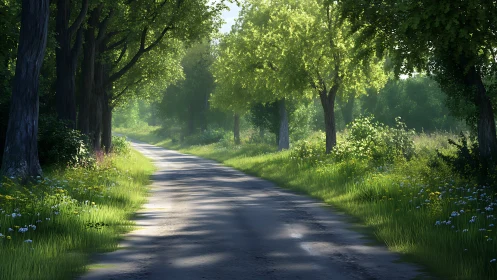 Tree-lined rural road with dappled sunlight filtering through canopy.