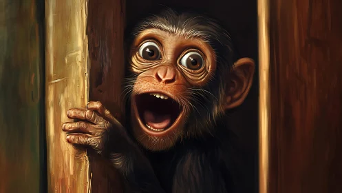 Wide-Eyed Surprise Chimp Peeking Through Wooden Doorway.