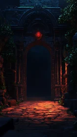 Ancient stone gateway glows with ominous red crystal light