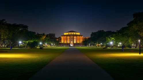 Symmetric nocturnal capture of illuminated neoclassical rotunda.