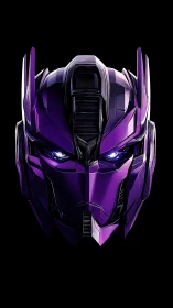 Purple robotic helmet front view on black background.