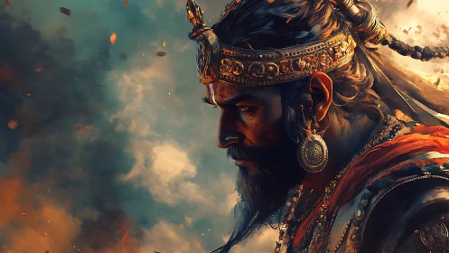 Armored warrior profile rendered in dramatic warm-toned digital paint