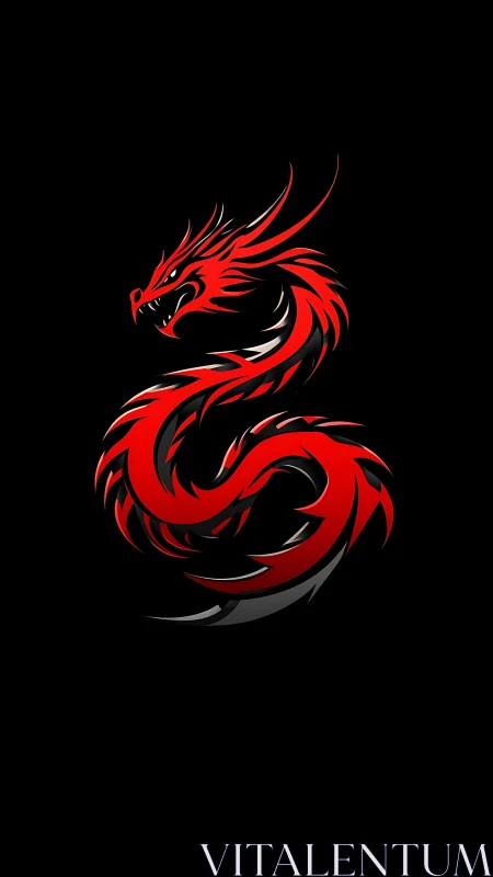 Red tribal dragon coils in stylized profile on black field
