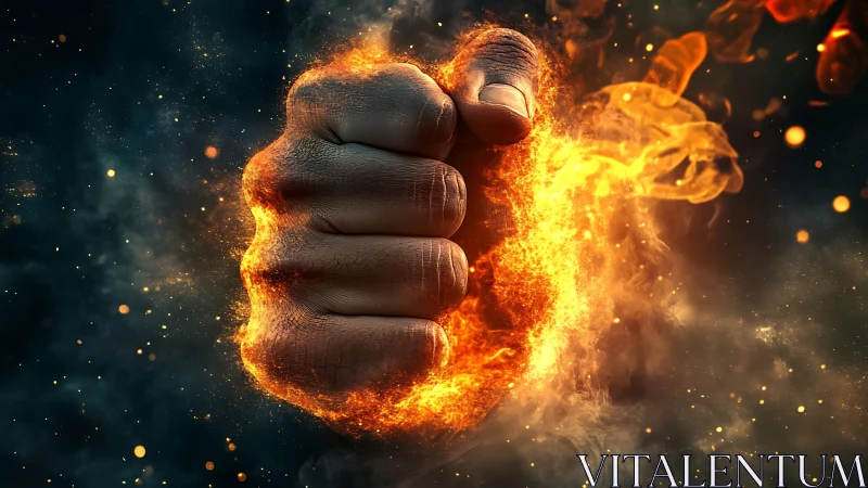 Human fist enclosed in fiery ring against dark space field.