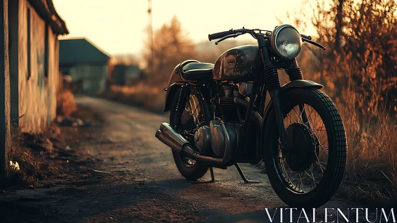 Sunlit vintage motorcycle waits quietly on a rustic road
