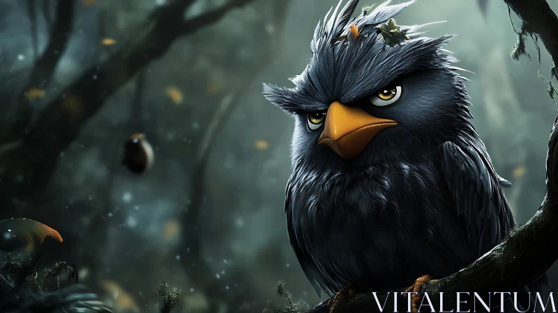 Moody cartoon owl perched in misty forest, digital art style.