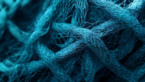 Blue fishing net strands intersect in tight macro focus