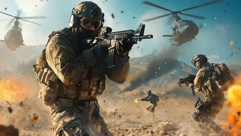 Modern soldiers in desert firefight under assault helicopters.