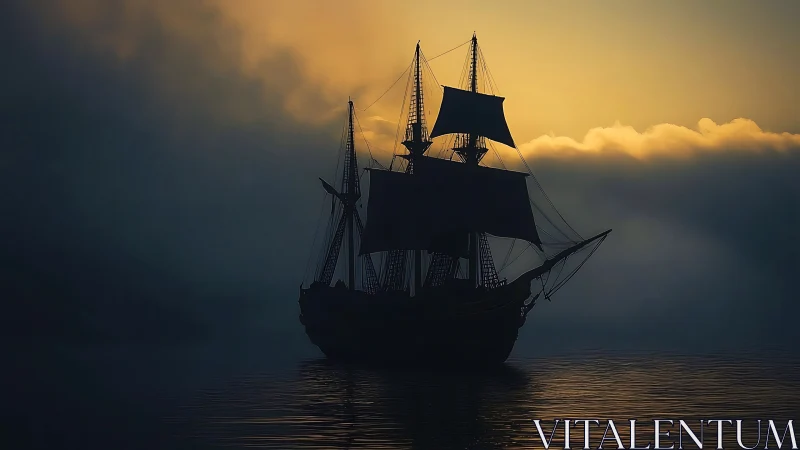 Silhouetted tall ship cutting through mist at sunset horizon.