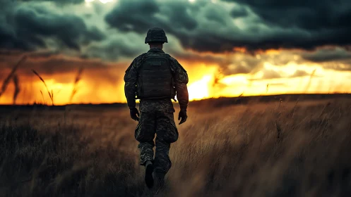 Lone soldier walks into a storm-lit horizon of burning dusk.