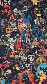 Dense collage of illustrated skulls and monstrous figures.