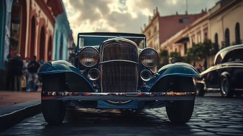 Vintage blue car on cobblestone street in urban setting.