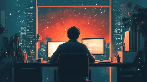 Midnight coder gazes into a cosmic neon city window.