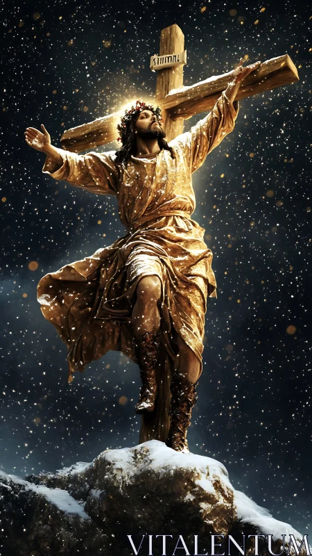 Crucifixion scene on snowy rock under night sky.