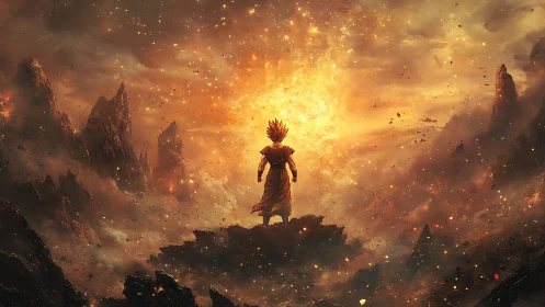 Radiant warrior stands strong before a blazing cosmic storm