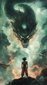 Human figure facing large ethereal dragon in misty gorge.