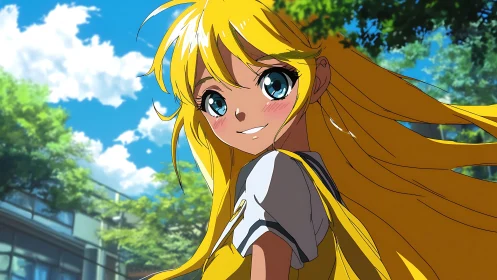 Blonde anime schoolgirl smiles under vivid summer sky
