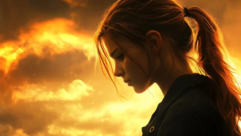 Pensive young woman in profile against blazing sunset sky.
