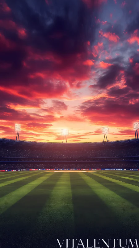 Sunset stadium hush beneath blazing painted skyfield.