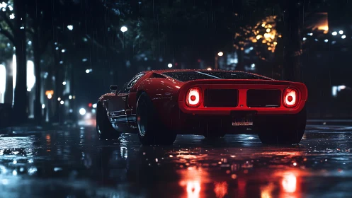 Red sports car sits on wet city street under night rain