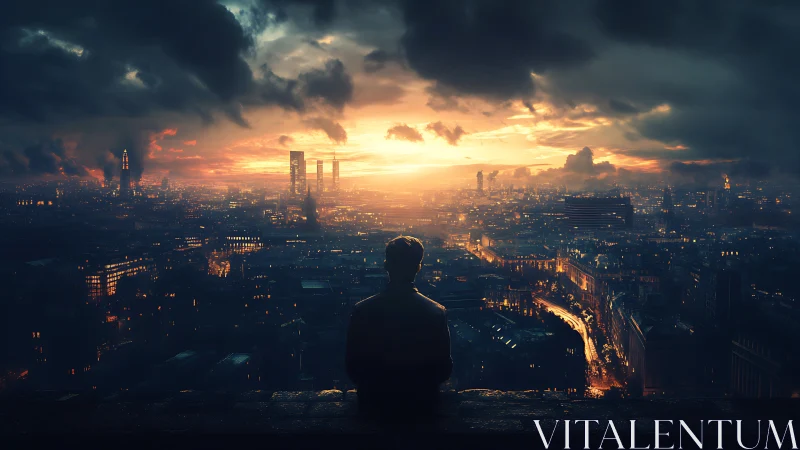 Quiet soul pauses above a glowing city at stormy sunset