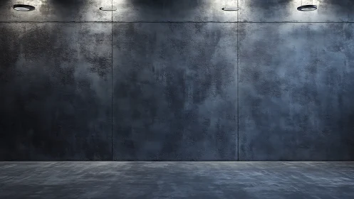 Moody concrete gallery wall glowing under soft ceiling lights.