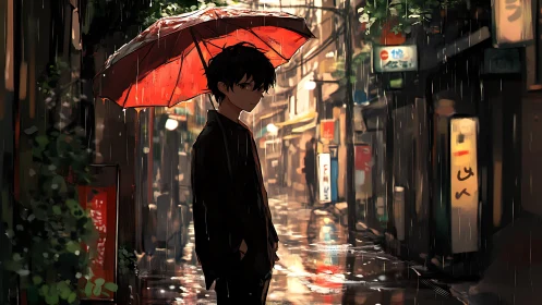 Boy under red umbrella in neon lit rain soaked alleyway.