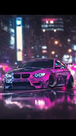 Modified coupe in neon-lit urban street scene at night.