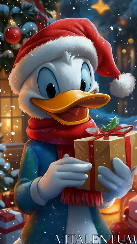 Cartoon duck in Santa hat holding Christmas present.