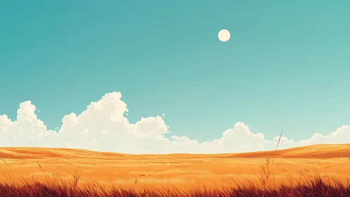 Golden prairie plain under cyan sky with distant white sun.