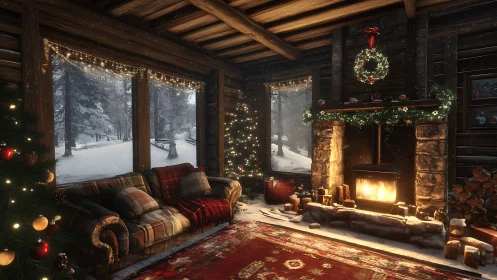 Winter cabin interior with fireplace and holiday lights.