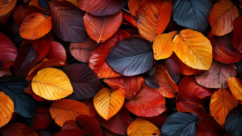 Autumn leaf mosaic in vivid red, orange, and gold tones.