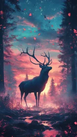 Digital illustration shows stag silhouette against lit forest sky