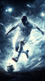 Electric soccer star racing through glowing stadium night.