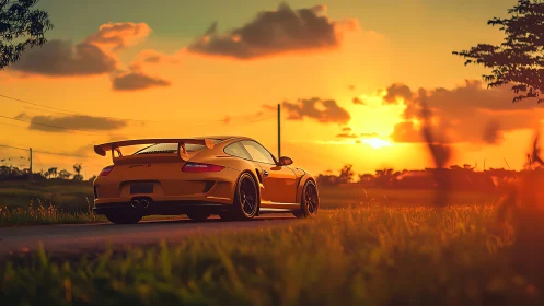 Track-prepped yellow sports coupe under saturated sunset sky