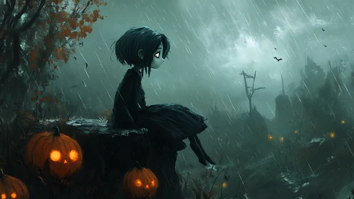 Solitary child with pumpkins in rainy twilight landscape.