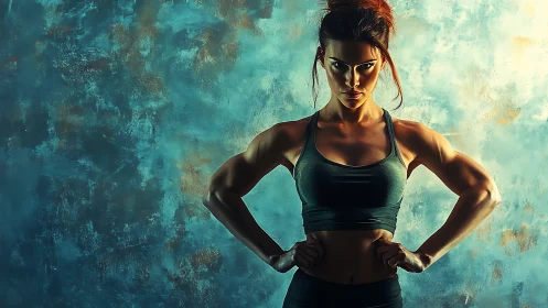 Athletic woman in sportswear posing confidently, dramatic lighting.