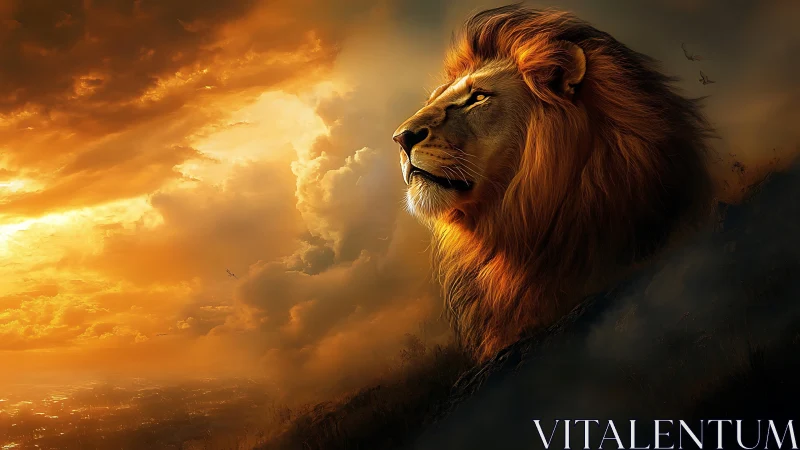 Majestic lion profile against dramatic golden storm clouds.