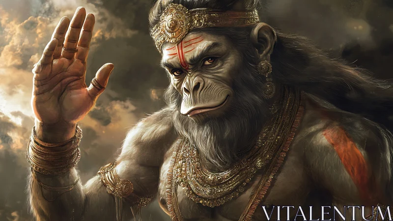 Mythical humanoid monkey figure raises right hand in blessing