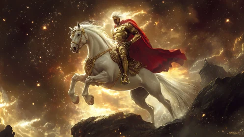 Golden armored warrior rides celestial horse through stars.