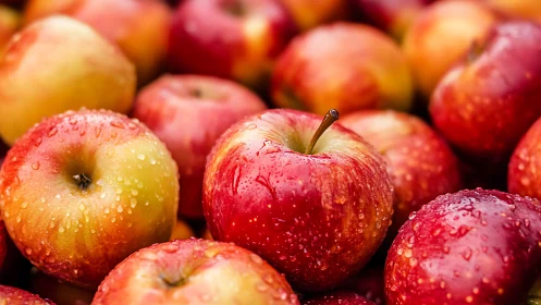 Close-up view of wet red and yellow apples in bulk arrangement.