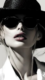 High-contrast fashion portrait with hat, sunglasses, glossy lips