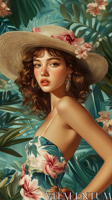 Tropical portrait study with floral textiles and hat geometry.