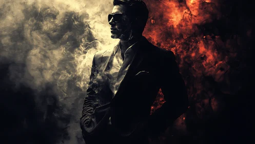 Silhouetted man in suit dissolves into contrasting smoke fields