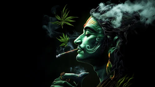 Mystic green deity exhaling smoke with floating cannabis leaves.