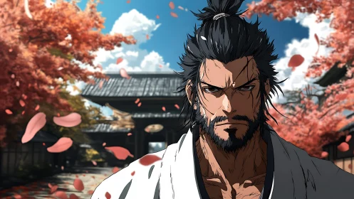 Anime samurai portrait in autumn courtyard with petal motion framing.