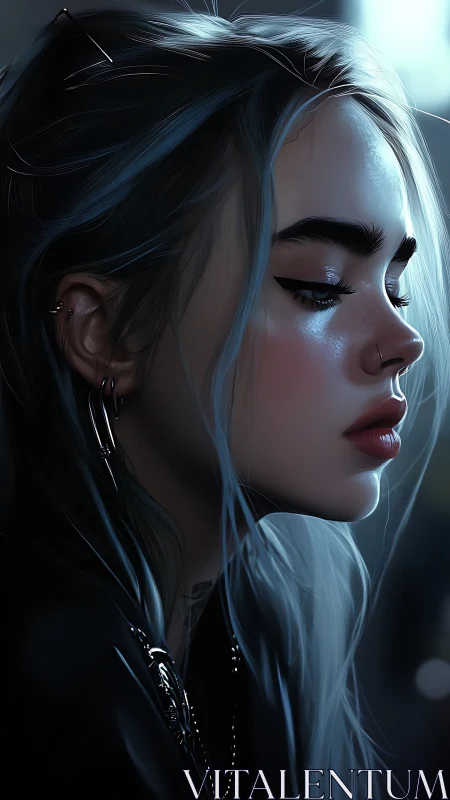 Side-profile digital portrait of moody woman with piercings